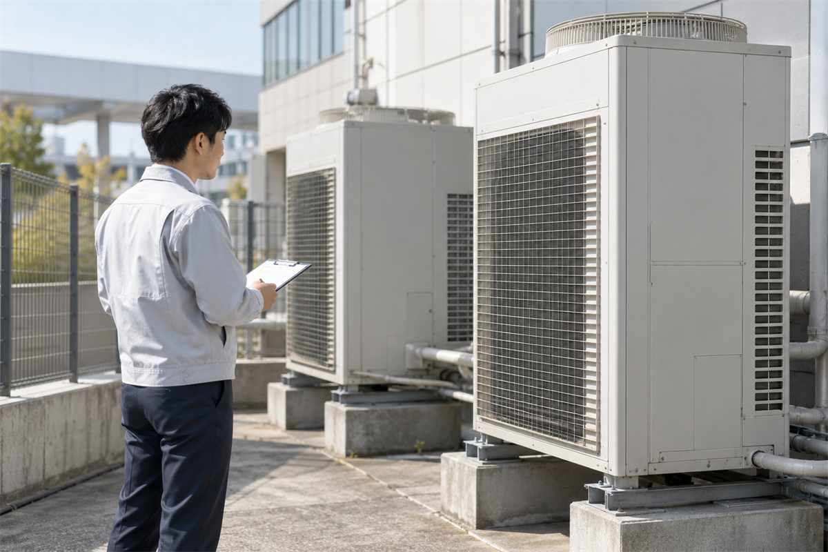 施設の室外機を離れた位置から確認する担当者