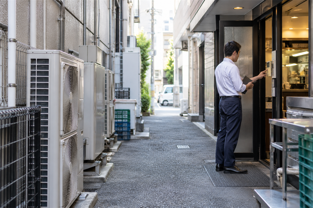 サービス通路から室外機の状態を確認する店舗担当者