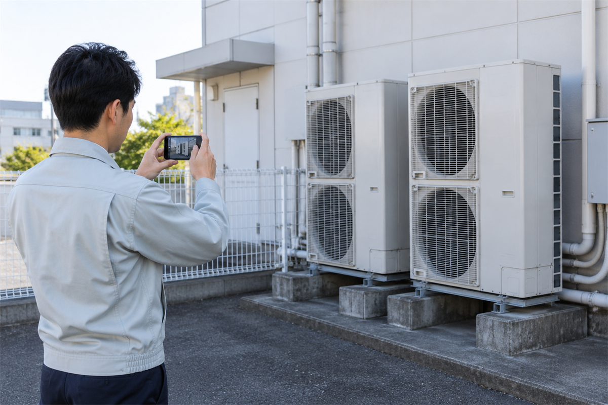 室外機に触れず写真を撮る施設担当者