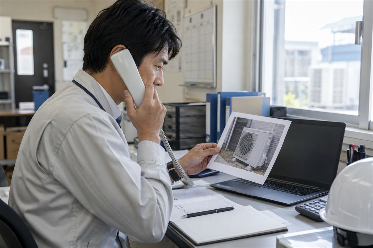 室外機の異常情報を保守会社へ電話で伝える担当者
