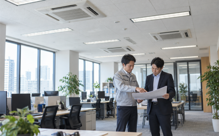 複数台の業務用エアコン更新計画を確認する施設担当者と施工担当者