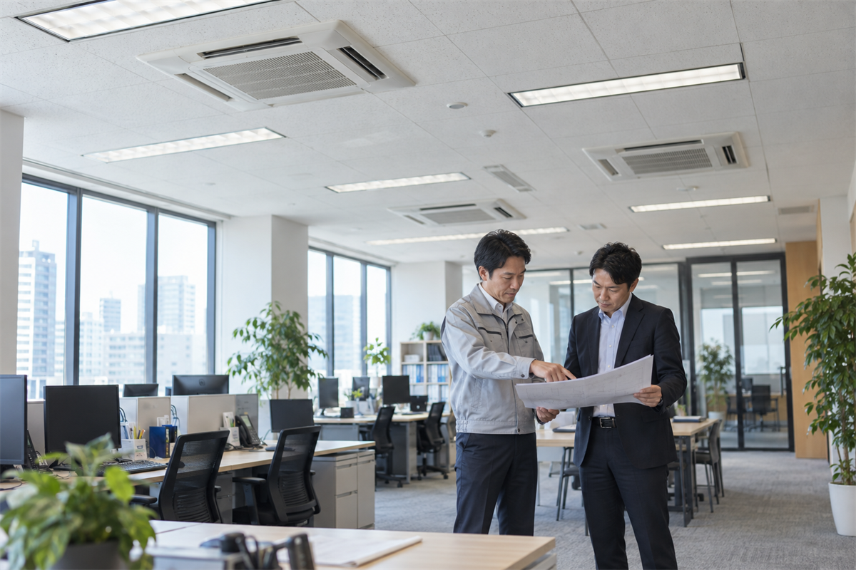 複数台の業務用エアコン更新計画を確認する施設担当者と施工担当者