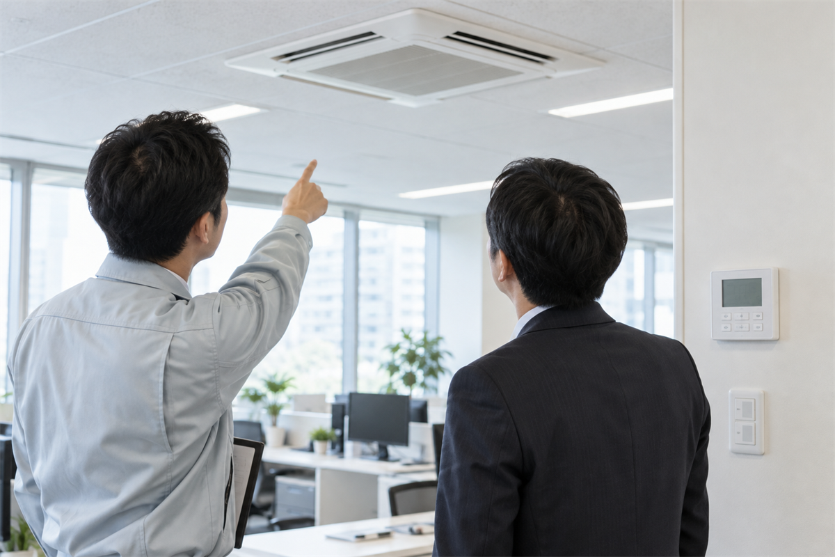 業務用エアコン更新後の試運転と営業復帰を確認する担当者