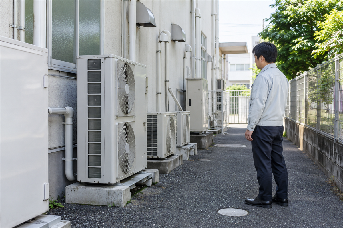 安全な距離から業務用エアコンの室外機周辺を確認する担当者