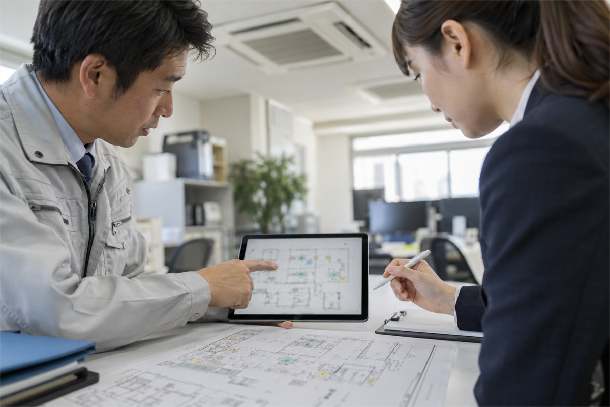 配置図と現場メモを見ながら空調の状況を共有する担当者