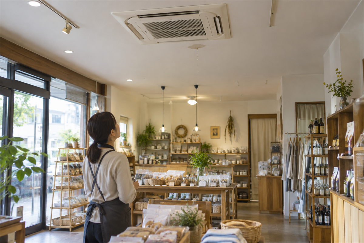 天井カセット形業務用エアコンからの水滴を離れて確認する店舗担当者