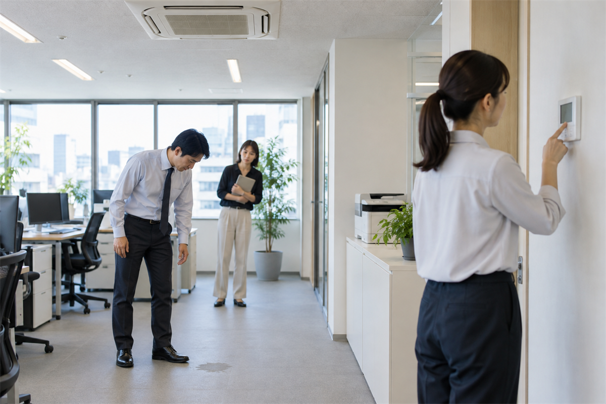 水滴のある場所から離れて業務用エアコンを停止する事務所担当者