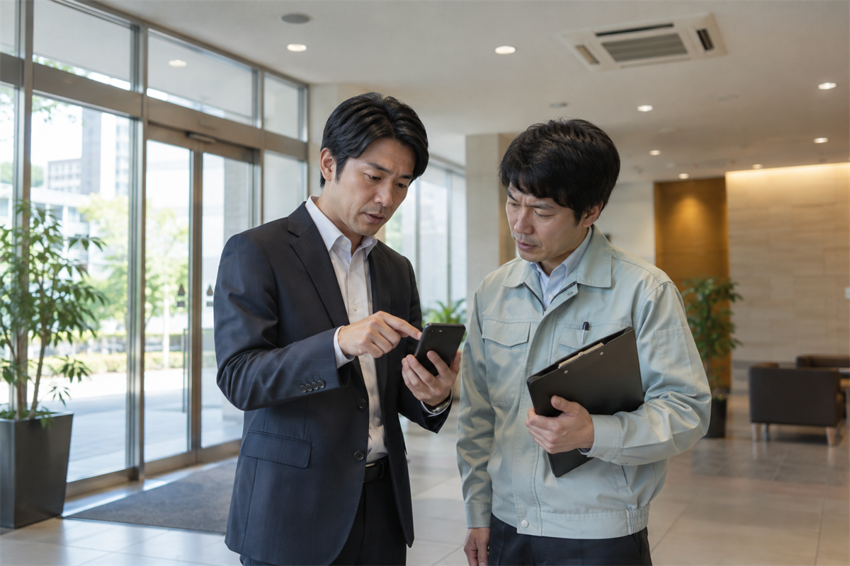 現場写真を見ながら天井カセット形業務用エアコンの状況を保守担当者へ伝える様子
