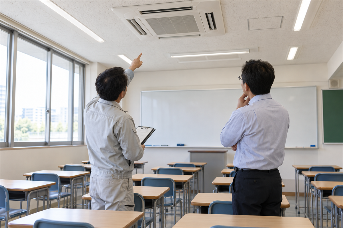 在室人数と吹出口の位置を確認する学習塾の教室