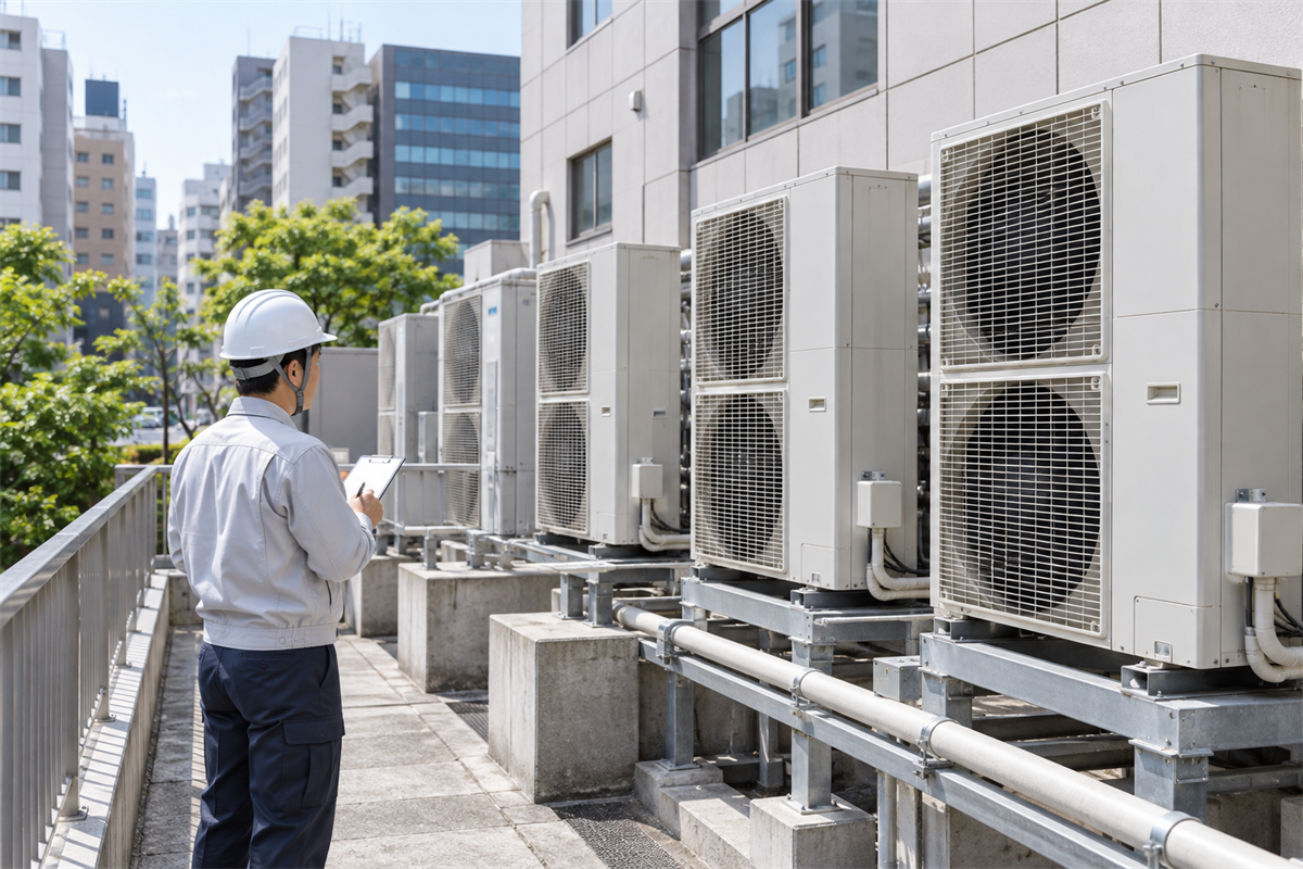 学習塾の室外機と周囲の設置環境を確認する技術者
