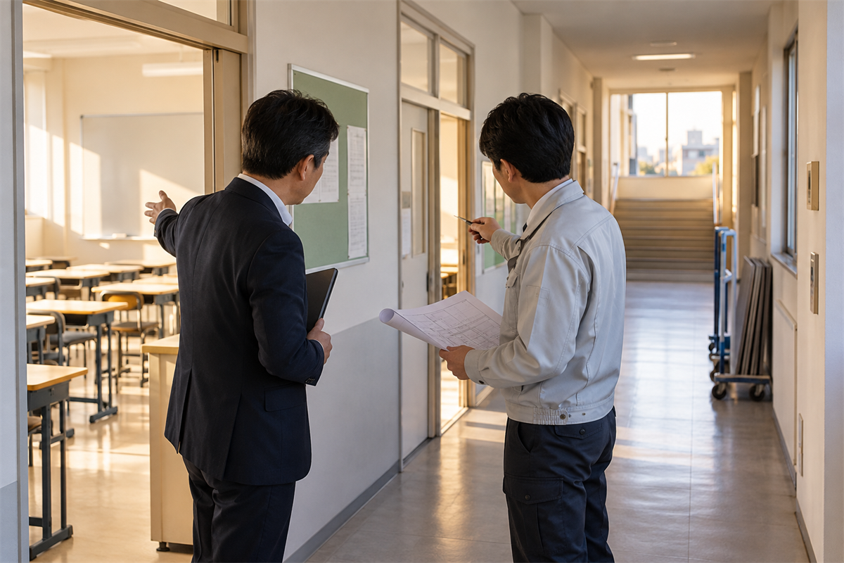 工事可能時間と搬入動線を確認する学習塾スタッフ