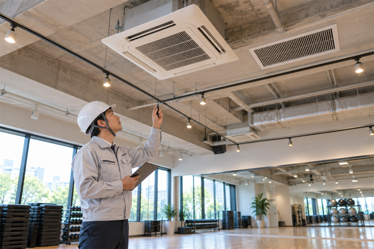 高天井のスタジオで業務用エアコンの吸込口を確認する技術者