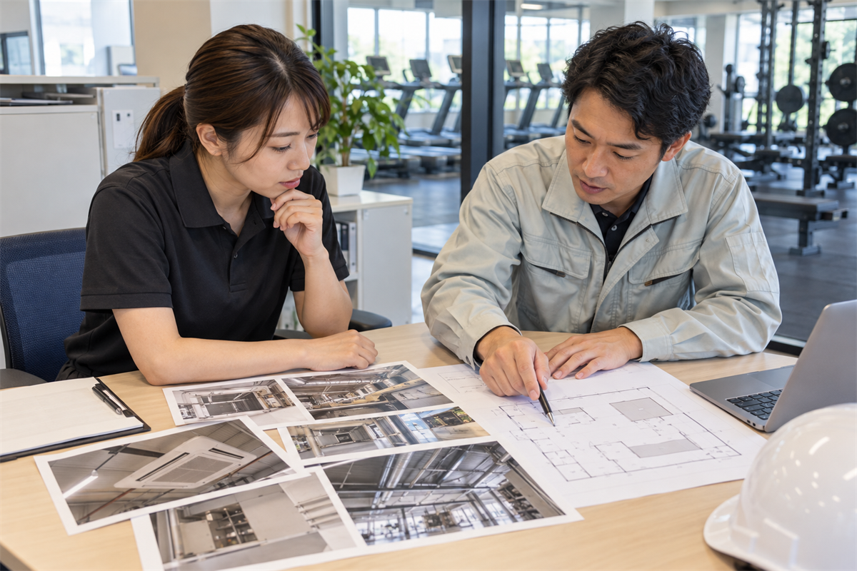 現地写真と平面図から業務用エアコンの点検・更新計画を整理する担当者