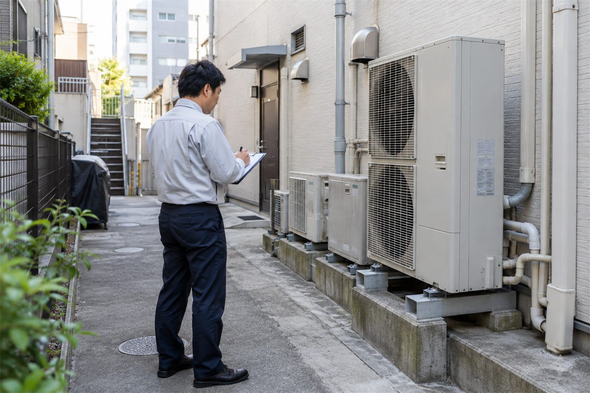 美容室建物の裏手にある室外機と周囲の搬出経路