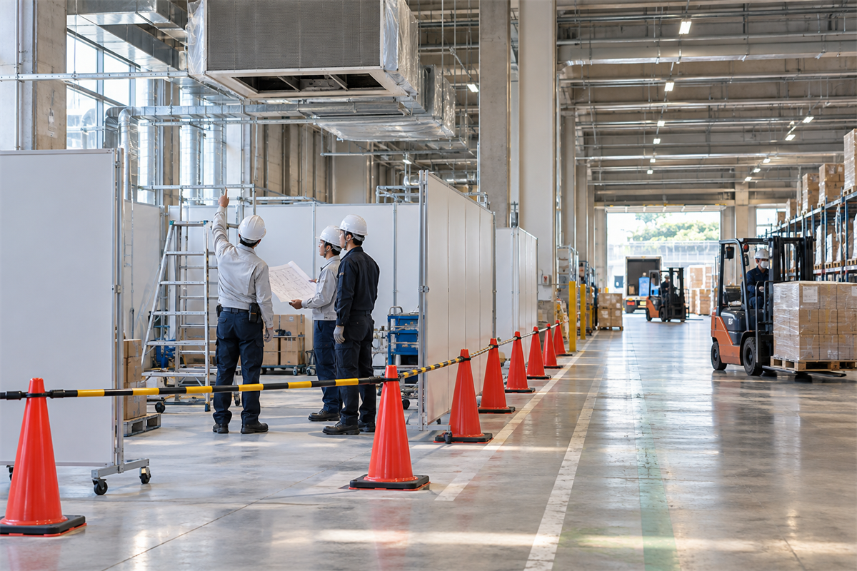 通常の荷役動線と空調工事区画を調整する物流倉庫