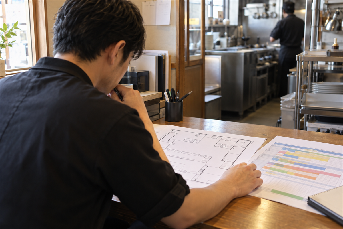厨房稼働時間とエアコン清掃可能時間を照合する店舗担当者