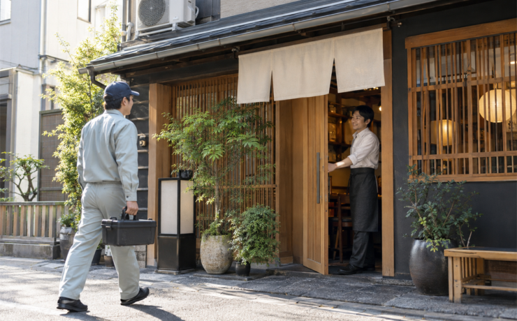 営業前の飲食店を訪れて業務用エアコン交換の現地調査を始める様子