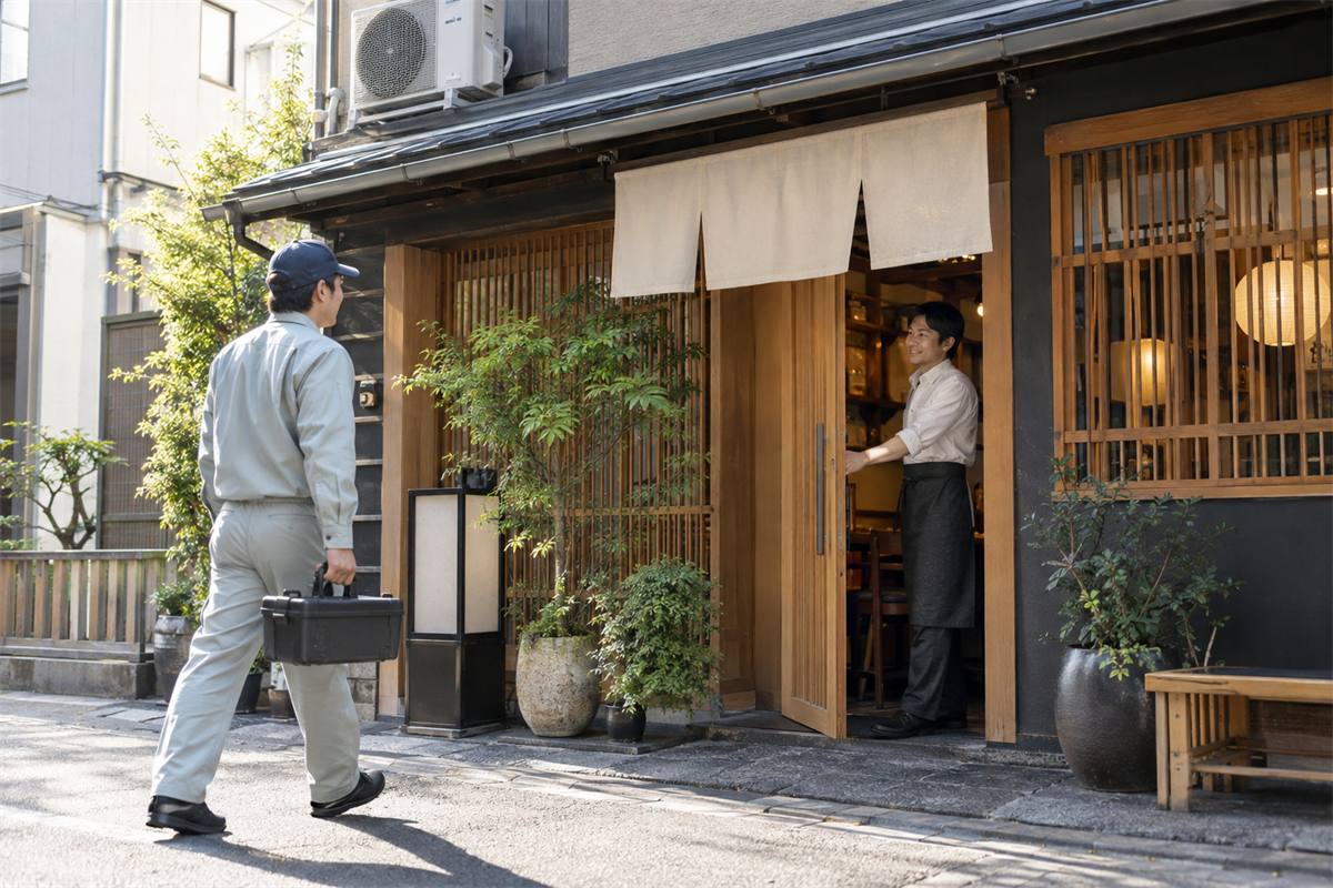 営業前の飲食店を訪れて業務用エアコン交換の現地調査を始める様子