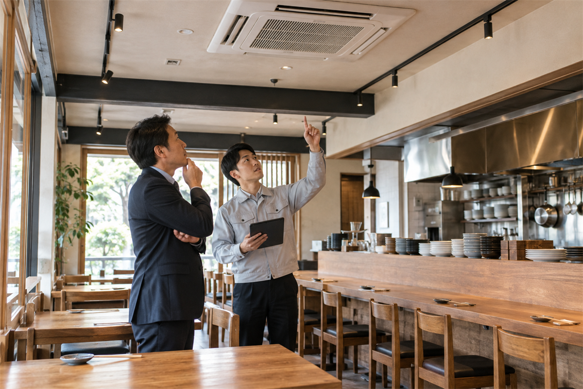 客席と厨房の区画を見ながら天井エアコンを確認する現地調査