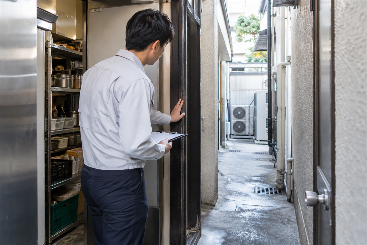 飲食店のバックヤードから室外機までの搬入経路を確認する様子