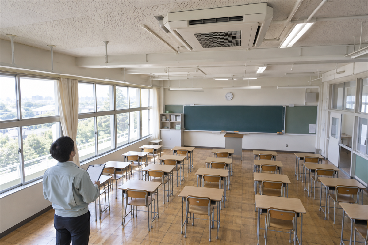 教室の座席配置と天井の業務用エアコンを確認する施設担当者